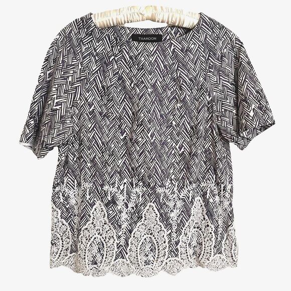 Thakoon Embroidered African Weave Print Top Sz 10 Comfy SS Cotton Black Multi - Picture 1 of 7